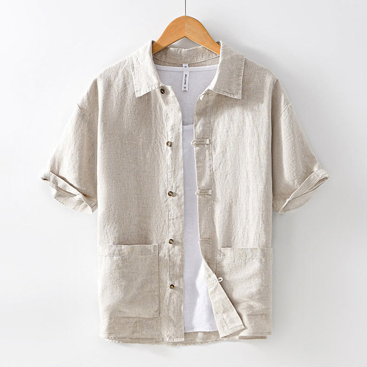 Koszula męska z krótkim rękawem i kieszeniami z motywem Buddha Stones, w jednolitym kolorze, z guzikami - Beżowy - US/UK/AU42， EU52 (3XL) - image 0