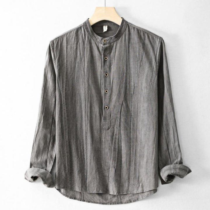 Koszula męska z długim rękawem z bawełny i lnu z prostymi zakładkami i półguzikami w kształcie Buddha Stones - LightSlateGray - US/UK/AU44， EU54 (4XL) - image 13