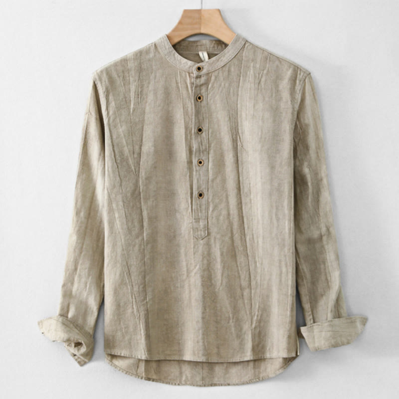 Koszula męska z długim rękawem z bawełny i lnu z prostymi zakładkami i półguzikami w kształcie Buddha Stones - Ciemny Khaki - US/UK/AU44， EU54 (4XL) - image 1