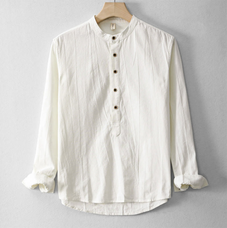Koszula męska z długim rękawem z bawełny i lnu z prostymi zakładkami i półguzikami w kształcie Buddha Stones - FloralWhite - US/UK/AU44， EU54 (4XL) - image 6