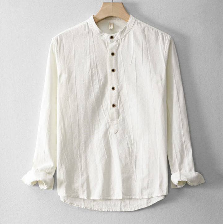 Koszula męska z długim rękawem z bawełny i lnu z prostymi zakładkami i półguzikami w kształcie Buddha Stones - FloralWhite - US/UK/AU44， EU54 (4XL) - image 6
