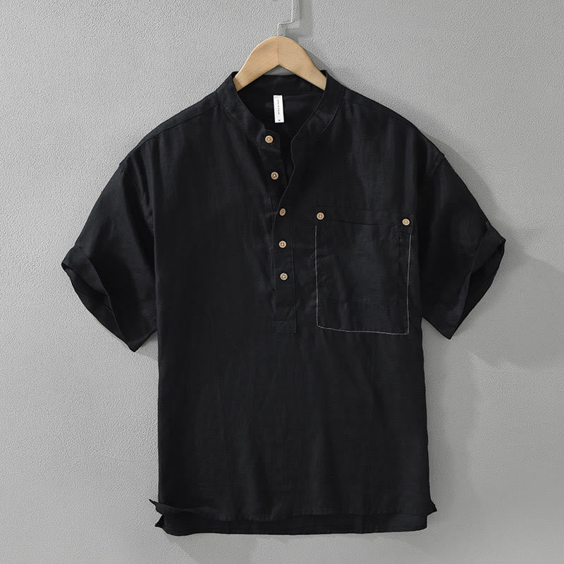 Koszula męska z krótkim rękawem i kieszenią, letnia, z półguzikami i lnianymi klapami w kształcie Buddha Stones - Czarny - US/UK/AU42， EU52 (3XL) - image 1
