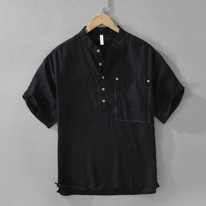 Koszula męska z krótkim rękawem i kieszenią, letnia, z półguzikami i lnianymi klapami w kształcie Buddha Stones - Czarny - US/UK/AU42， EU52 (3XL) - image 1