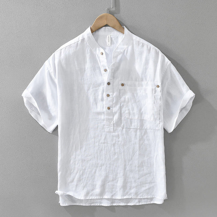Koszula męska z krótkim rękawem i kieszenią, letnia, z półguzikami i lnianymi klapami w kształcie Buddha Stones - Biały - US/UK/AU42， EU52 (3XL) - image 2