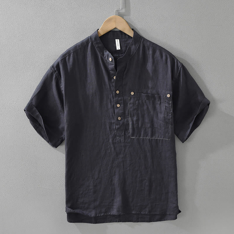 Koszula męska z krótkim rękawem i kieszenią, letnia, z półguzikami i lnianymi klapami w kształcie Buddha Stones - MidnightBlue - US/UK/AU42， EU52 (3XL) - image 3