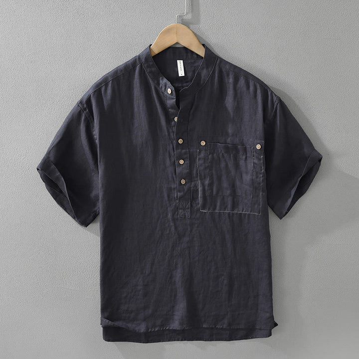 Koszula męska z krótkim rękawem i kieszenią, letnia, z półguzikami i lnianymi klapami w kształcie Buddha Stones - MidnightBlue - US/UK/AU42， EU52 (3XL) - image 3