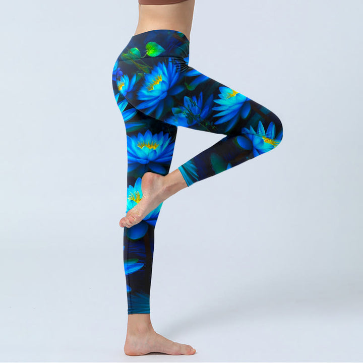 Legginsy do jogi damskie z nadrukiem lotosu i głębokim niebieskim motywem lilii wodnej z motywem Buddha Stones - image 4
