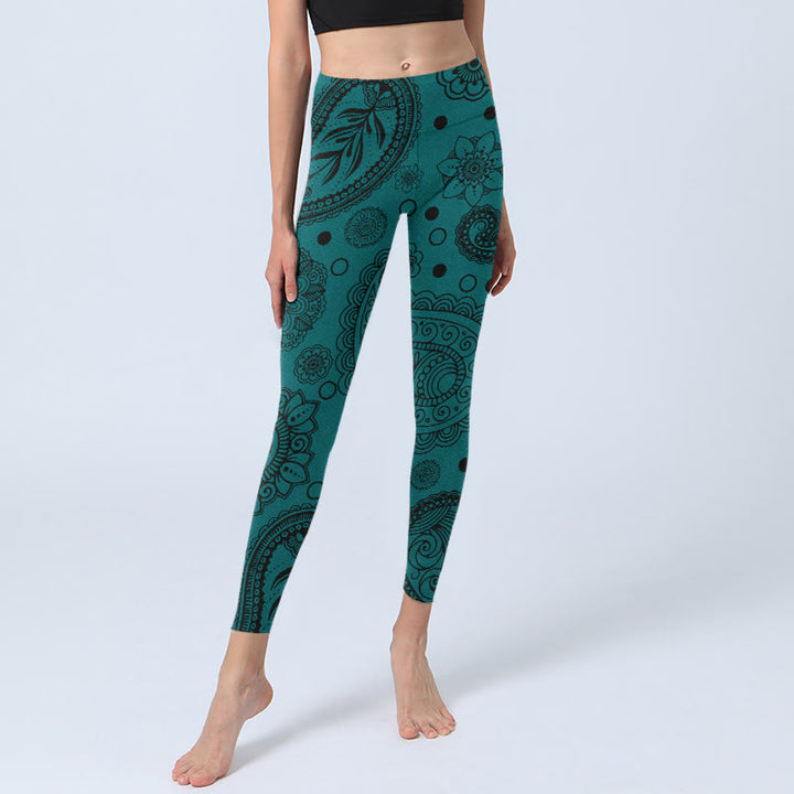 Legginsy do jogi damskie z nadrukiem płatków kwiatów nerkowca w kolorze głębokiej zieleni z Buddha Stones - image 6