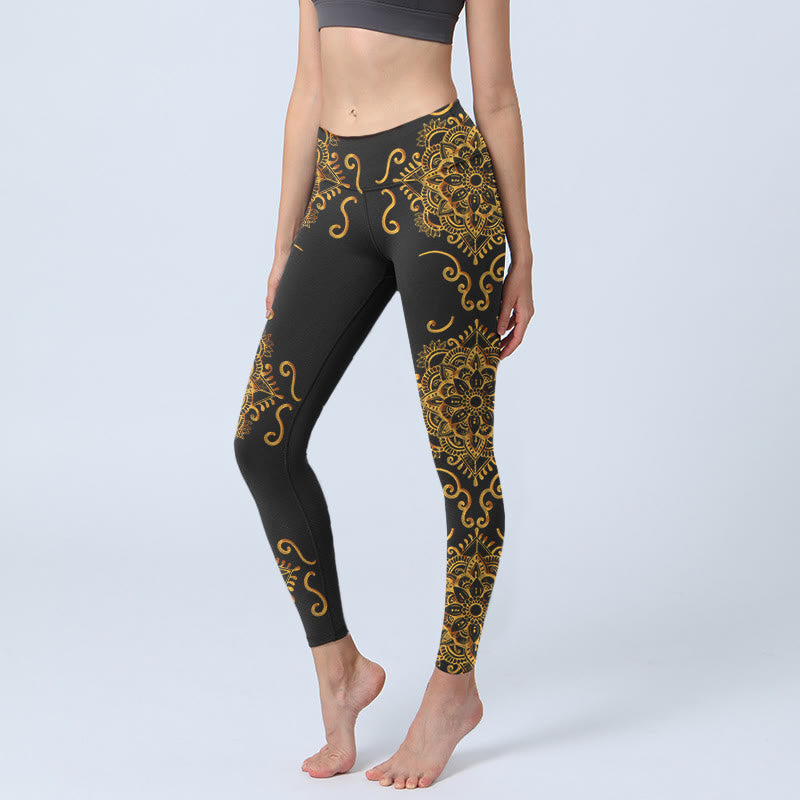 Legginsy do jogi damskie z nadrukiem kwiatów mandali i kamieniami Buddha Stones - Czarny - US18, UK/AU22, EU50 (4XL) - image 1