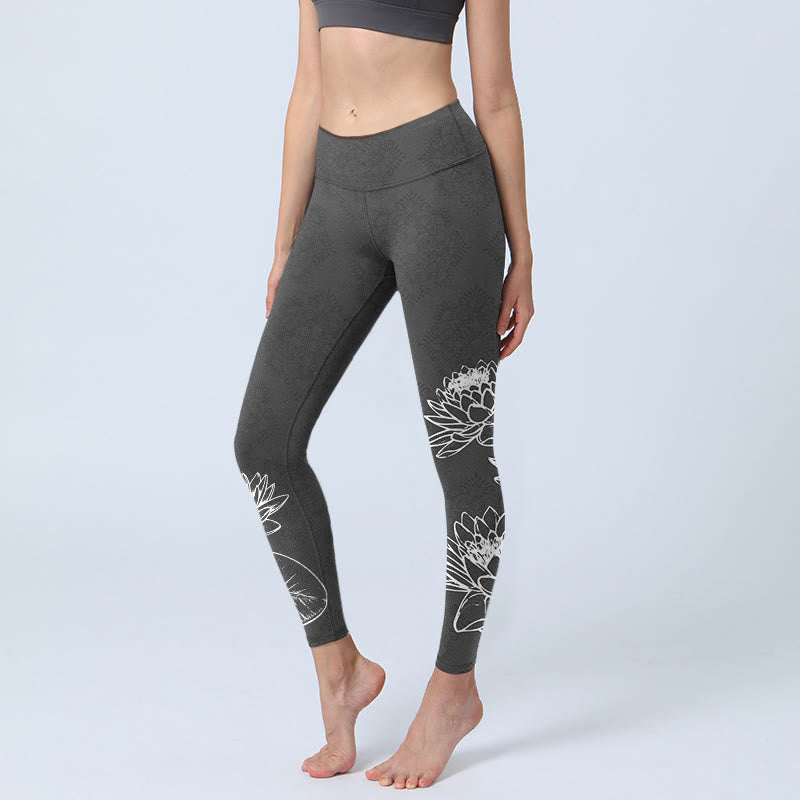 Legginsy do jogi damskie z nadrukiem kwiatów lotosu i liści, Buddha Stones, białe, do ćwiczeń - Czarny - US18, UK/AU22, EU50 (4XL) - image 1