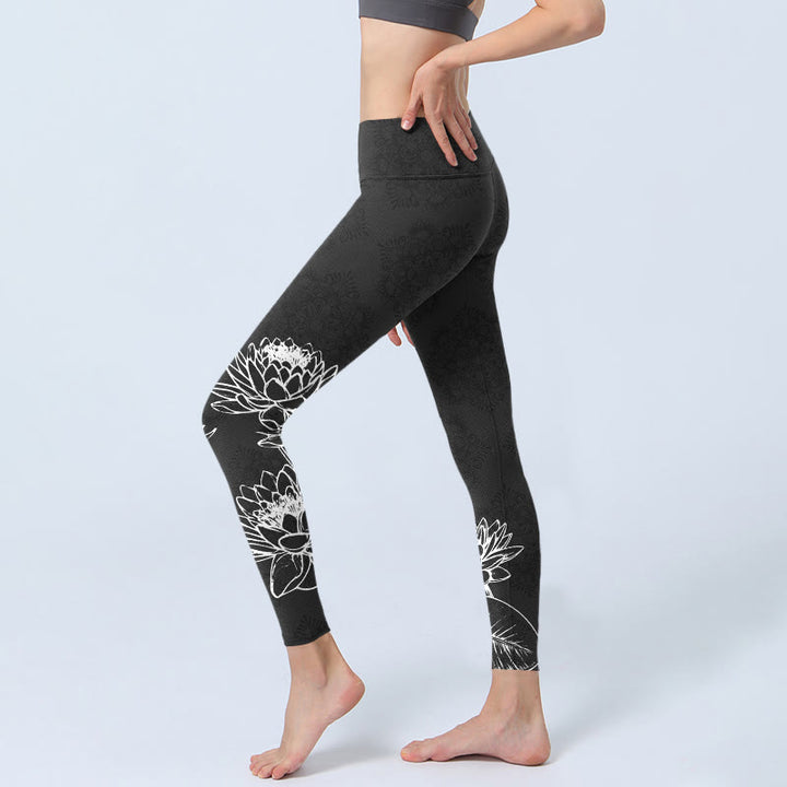 Legginsy do jogi damskie z nadrukiem kwiatów lotosu i liści, Buddha Stones, białe, do ćwiczeń - image 3