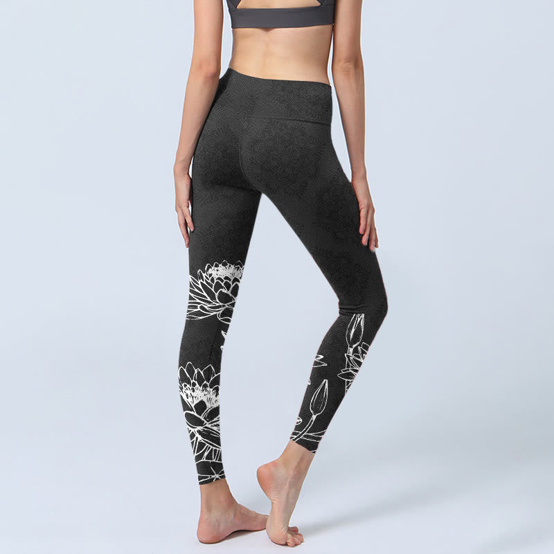 Legginsy do jogi damskie z nadrukiem kwiatów lotosu i liści, Buddha Stones, białe, do ćwiczeń - image 5