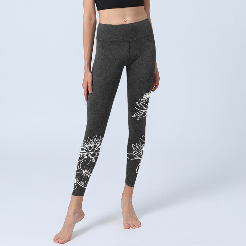 Legginsy do jogi damskie z nadrukiem kwiatów lotosu i liści, Buddha Stones, białe, do ćwiczeń - image 5