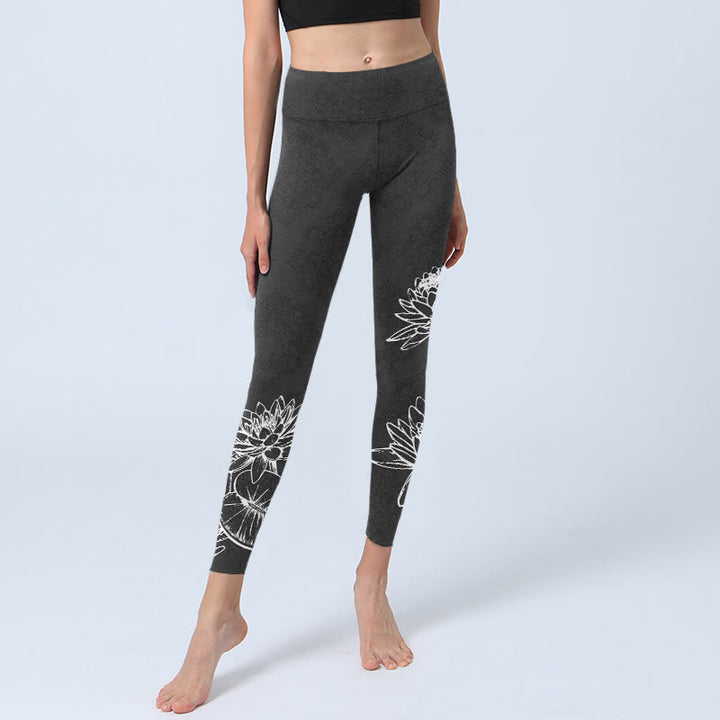 Legginsy do jogi damskie z nadrukiem kwiatów lotosu i liści, Buddha Stones, białe, do ćwiczeń - image 6