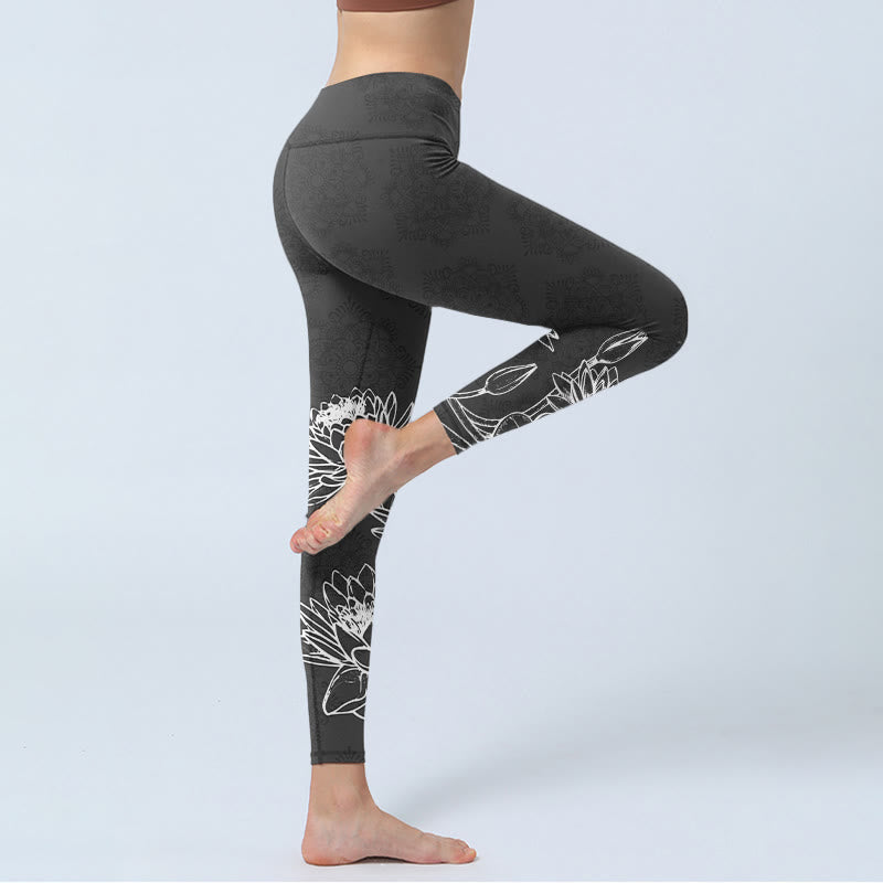 Legginsy do jogi damskie z nadrukiem kwiatów lotosu i liści, Buddha Stones, białe, do ćwiczeń - image 3