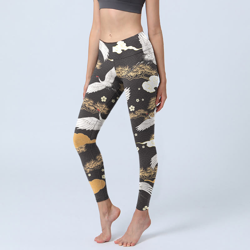 Buddha Stones, białe żurawie mandżurskie, złote sosny, legginsy do ćwiczeń, damskie spodnie do jogi - Czarny - US18, UK/AU22, EU50 (4XL) - image 1