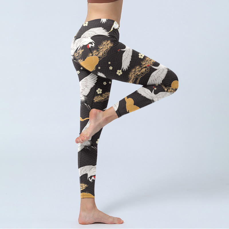 Buddha Stones, białe żurawie mandżurskie, złote sosny, legginsy do ćwiczeń, damskie spodnie do jogi - image 4