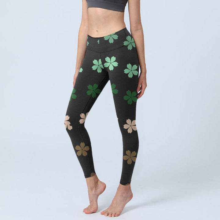 Legginsy do jogi damskie z nadrukiem w kwiaty pięciopłatkowe w kolorze zielono-różowym z motywem Buddha Stones - Czarny - US18, UK/AU22, EU50 (4XL) - image 1