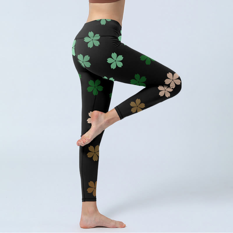 Legginsy do jogi damskie z nadrukiem w kwiaty pięciopłatkowe w kolorze zielono-różowym z motywem Buddha Stones - image 4