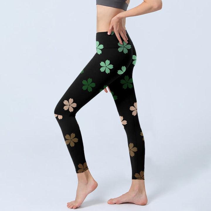 Legginsy do jogi damskie z nadrukiem w kwiaty pięciopłatkowe w kolorze zielono-różowym z motywem Buddha Stones - image 3