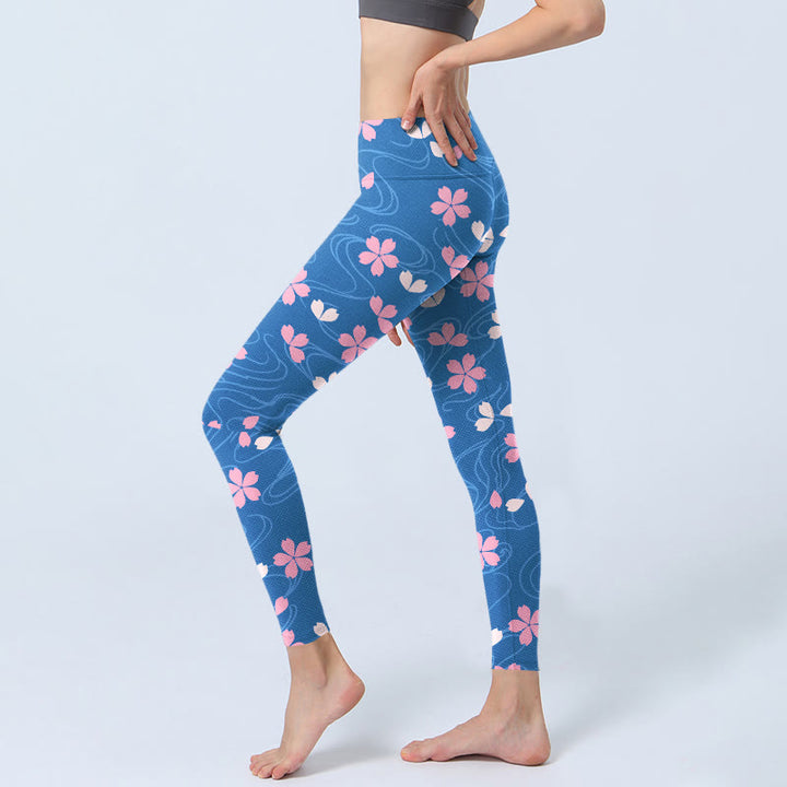 Damskie legginsy do jogi z nadrukiem w różowe kwiaty wiśni z motywem Buddha Stones - image 3