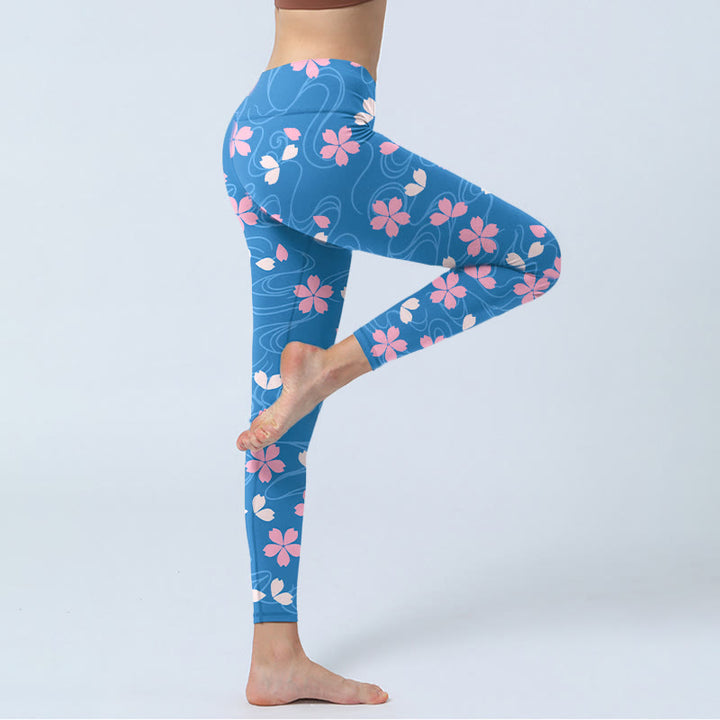 Damskie legginsy do jogi z nadrukiem w różowe kwiaty wiśni z motywem Buddha Stones - image 4