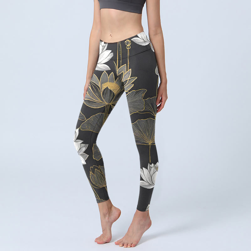 Legginsy do jogi damskie z nadrukiem w białe złote liście lotosu z motywem Buddha Stones - Czarny - US18, UK/AU22, EU50 (4XL) - image 1