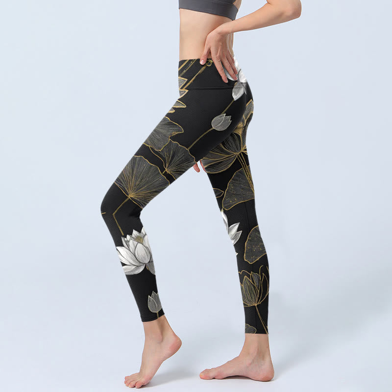 Legginsy do jogi damskie z nadrukiem w białe złote liście lotosu z motywem Buddha Stones - image 3