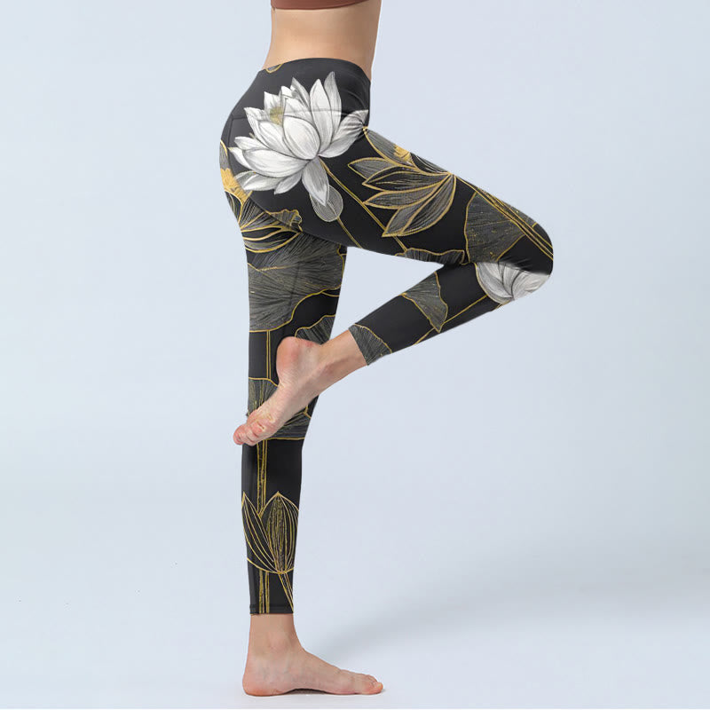 Legginsy do jogi damskie z nadrukiem w białe złote liście lotosu z motywem Buddha Stones - image 3