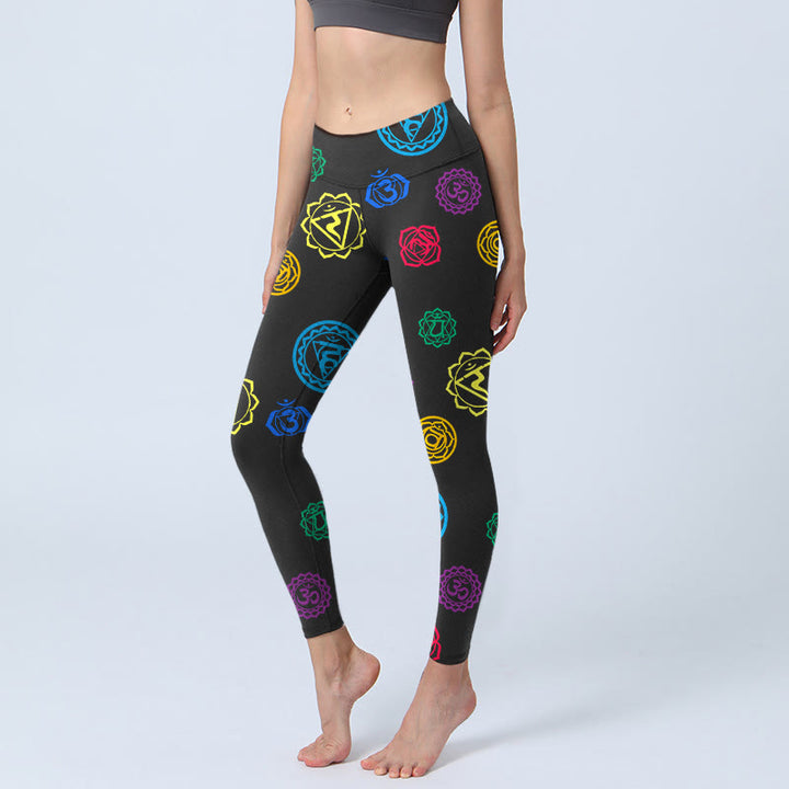 Leginsy do jogi damskie z geometrycznym symbolem OM i Buddha Stones w sanskrycie - Czarny - US18, UK/AU22, EU50 (4XL) - image 1