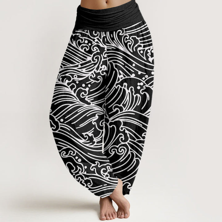 Damskie spodnie haremowe z elastyczną talią i wzorem "Buddha Stones" w fale - Czarny - US22, UK/AU26, EU54 (6XL) - image 1