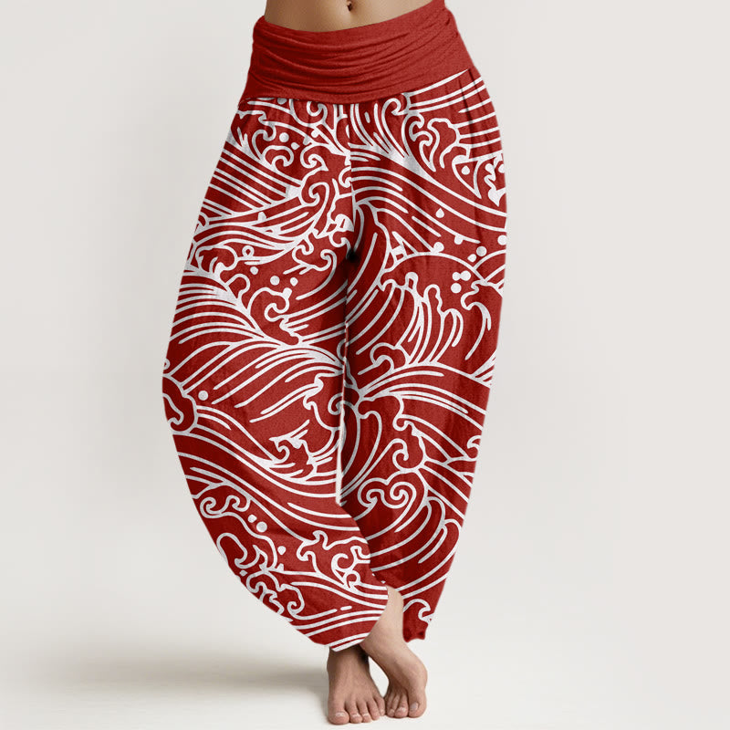 Damskie spodnie haremowe z elastyczną talią i wzorem "Buddha Stones" w fale - Karmazynowy - US22, UK/AU26, EU54 (6XL) - image 5