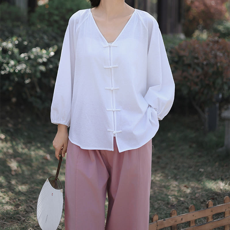 Koszula damska z długim rękawem z bawełny i lnu z motywem Buddha Stones, letnia, w jednolitym kolorze, z chińskimi żabami i guzikami w serek - image 18