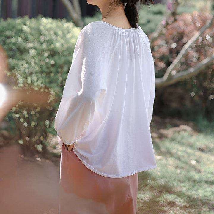 Koszula damska z długim rękawem z bawełny i lnu z motywem Buddha Stones, letnia, w jednolitym kolorze, z chińskimi żabami i guzikami w serek - image 14