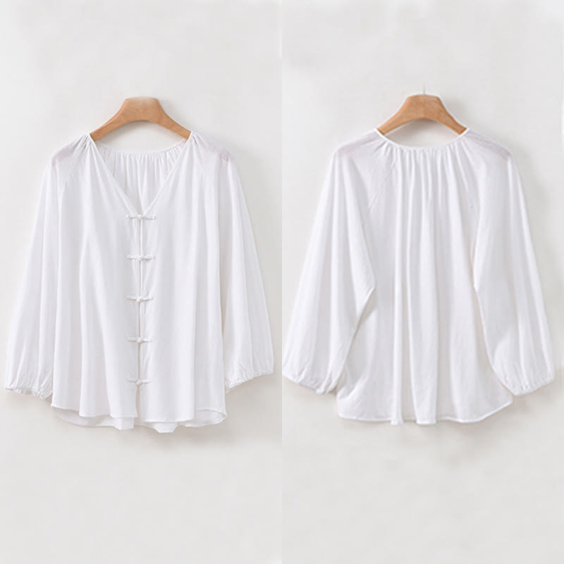 Koszula damska z długim rękawem z bawełny i lnu z motywem Buddha Stones, letnia, w jednolitym kolorze, z chińskimi żabami i guzikami w serek - image 21