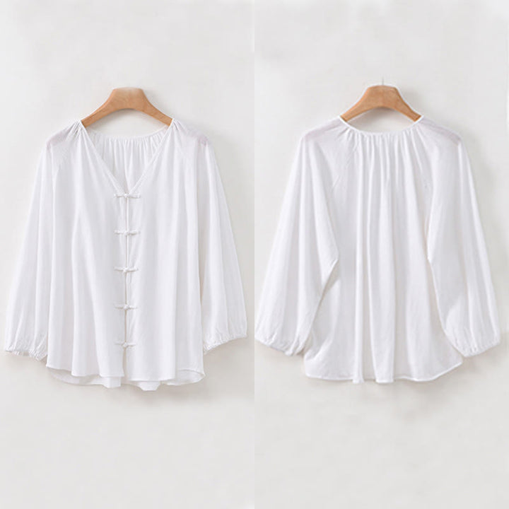 Koszula damska z długim rękawem z bawełny i lnu z motywem Buddha Stones, letnia, w jednolitym kolorze, z chińskimi żabami i guzikami w serek - image 21