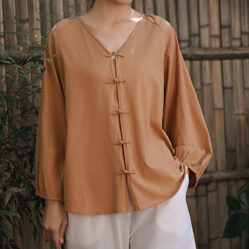 Koszula damska z długim rękawem z bawełny i lnu z motywem Buddha Stones, letnia, w jednolitym kolorze, z chińskimi żabami i guzikami w serek - image 4