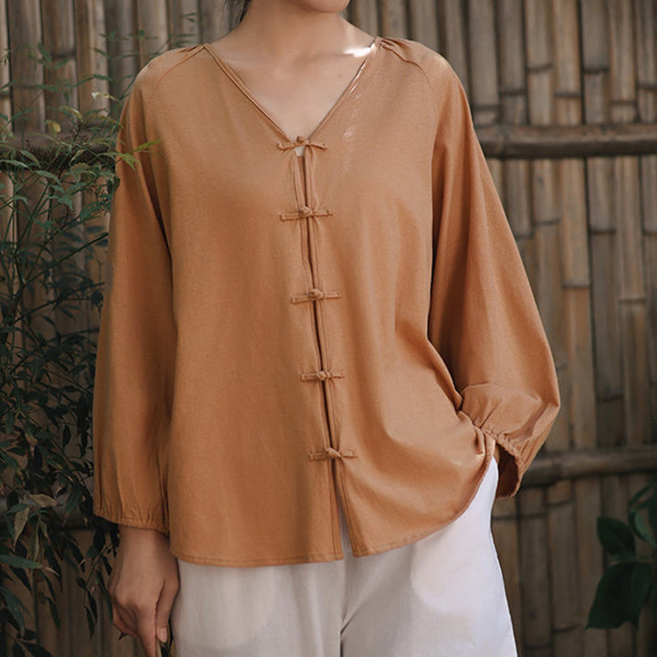 Koszula damska z długim rękawem z bawełny i lnu z motywem Buddha Stones, letnia, w jednolitym kolorze, z chińskimi żabami i guzikami w serek - image 4