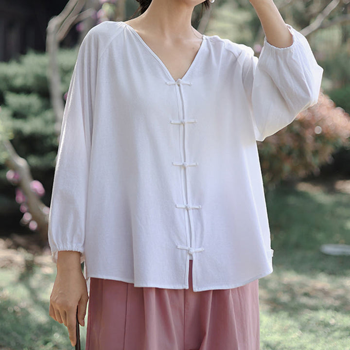 Koszula damska z długim rękawem z bawełny i lnu z motywem Buddha Stones, letnia, w jednolitym kolorze, z chińskimi żabami i guzikami w serek - image 11