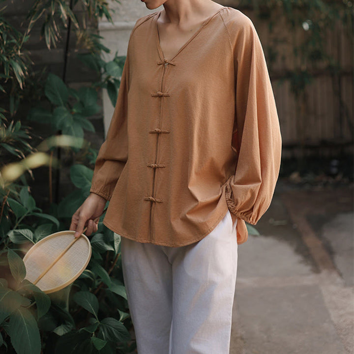 Koszula damska z długim rękawem z bawełny i lnu z motywem Buddha Stones, letnia, w jednolitym kolorze, z chińskimi żabami i guzikami w serek - image 8