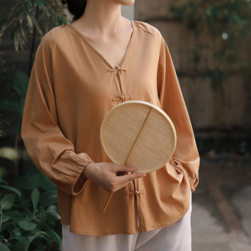 Koszula damska z długim rękawem z bawełny i lnu z motywem Buddha Stones, letnia, w jednolitym kolorze, z chińskimi żabami i guzikami w serek - image 3