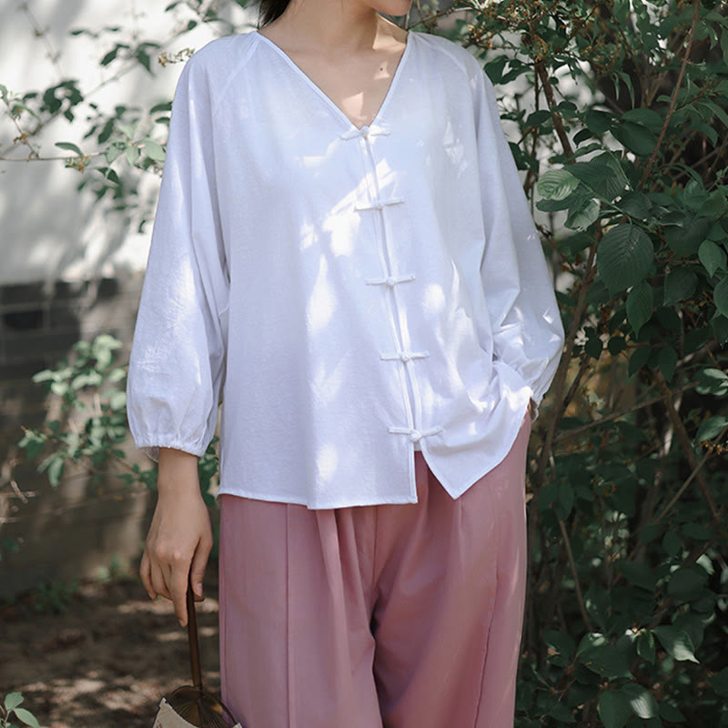 Koszula damska z długim rękawem z bawełny i lnu z motywem Buddha Stones, letnia, w jednolitym kolorze, z chińskimi żabami i guzikami w serek - image 15