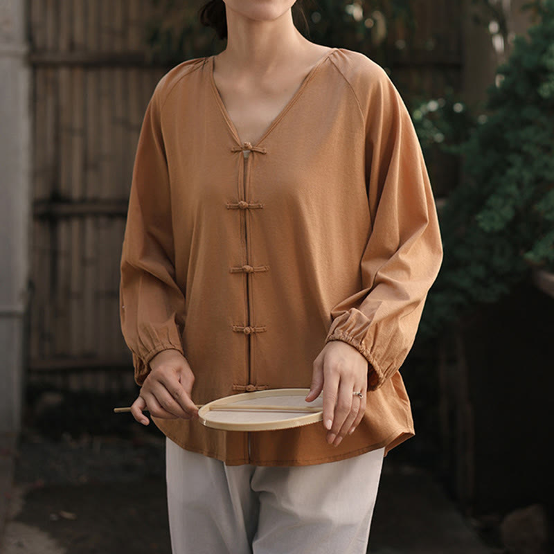 Koszula damska z długim rękawem z bawełny i lnu z motywem Buddha Stones, letnia, w jednolitym kolorze, z chińskimi żabami i guzikami w serek - image 7