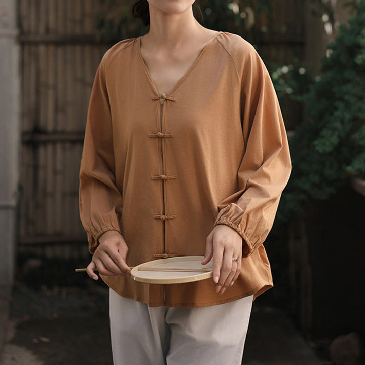 Koszula damska z długim rękawem z bawełny i lnu z motywem Buddha Stones, letnia, w jednolitym kolorze, z chińskimi żabami i guzikami w serek - image 7