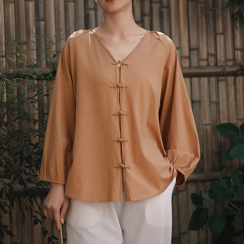 Koszula damska z długim rękawem z bawełny i lnu z motywem Buddha Stones, letnia, w jednolitym kolorze, z chińskimi żabami i guzikami w serek - image 5