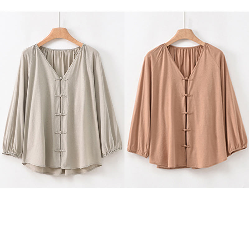 Koszula damska z długim rękawem z bawełny i lnu z motywem Buddha Stones, letnia, w jednolitym kolorze, z chińskimi żabami i guzikami w serek - image 24