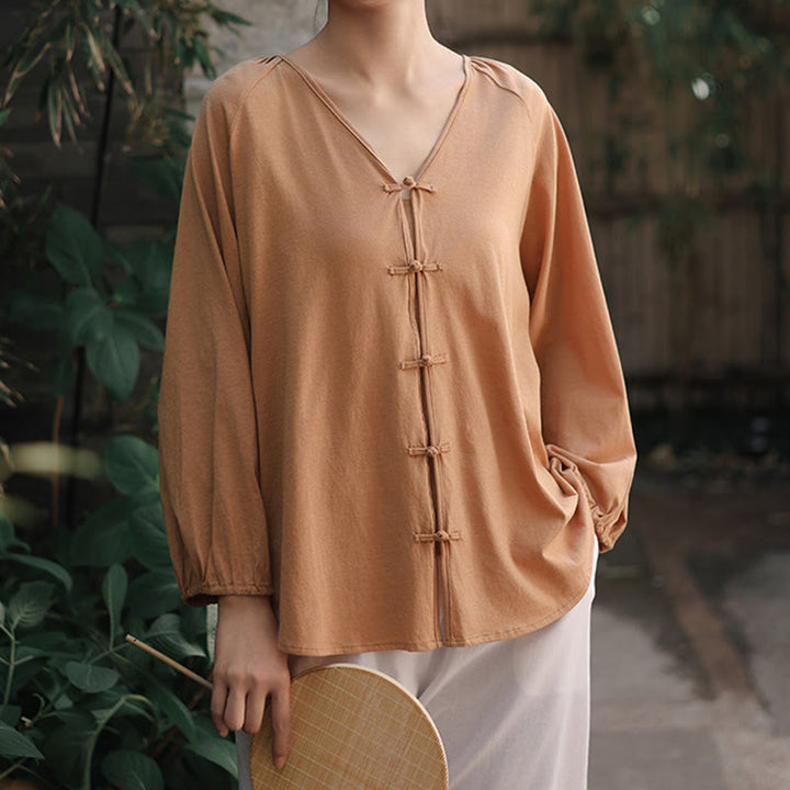 Koszula damska z długim rękawem z bawełny i lnu z motywem Buddha Stones, letnia, w jednolitym kolorze, z chińskimi żabami i guzikami w serek - image 6