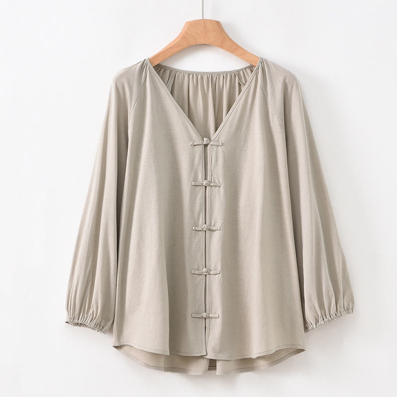 Koszula damska z długim rękawem z bawełny i lnu z motywem Buddha Stones, letnia, w jednolitym kolorze, z chińskimi żabami i guzikami w serek - Dębnik - US12, UK/AU16, EU44 (2XL) - image 23