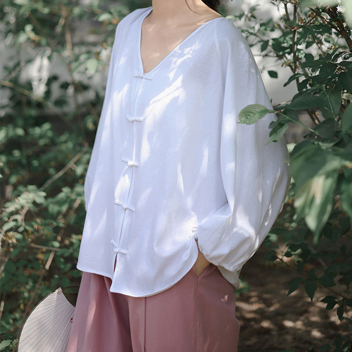 Koszula damska z długim rękawem z bawełny i lnu z motywem Buddha Stones, letnia, w jednolitym kolorze, z chińskimi żabami i guzikami w serek - image 13