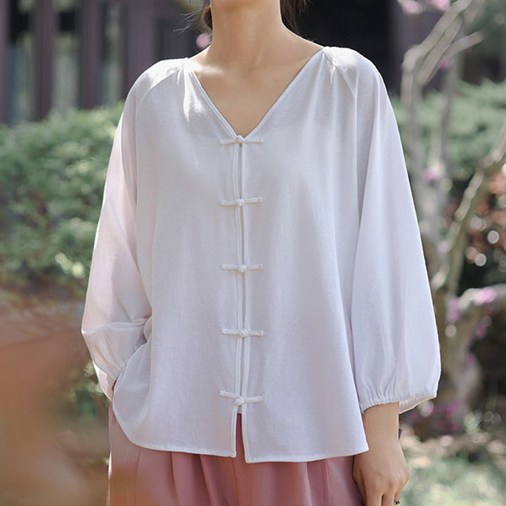 Koszula damska z długim rękawem z bawełny i lnu z motywem Buddha Stones, letnia, w jednolitym kolorze, z chińskimi żabami i guzikami w serek - image 16